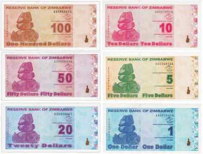купить Зимбабве из 6 банкнот 1-5-10-20-50-100 долларов 2009