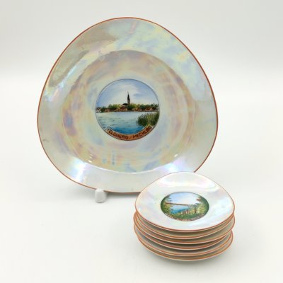 купить Набор для сервировки (десертная тарелка и 6 розеток) с изображением достопримечательностей Фельдбергера (Feldberger), фарфор, деколь, люстр, Германия, 1970-1990 гг.