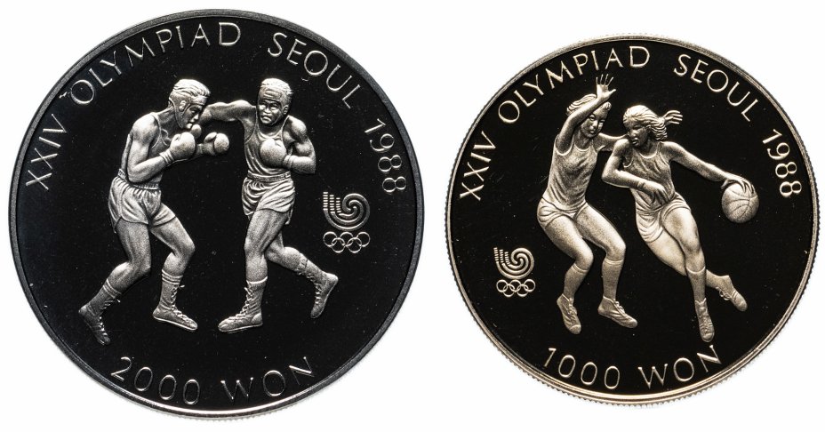 купить Южная Корея набор юбилейных монет "XXIV Летние Олимпийские Игры, Сеул 1988" (2 монеты с сертификатом, в коробке)