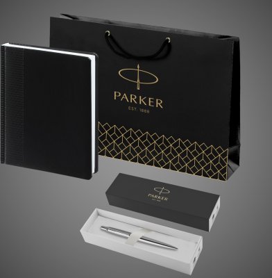 Купить Подарочный набор: Шариковая ручка Parker Jotter Essential, St. Steel СT, стержень: Mblue и Ежедневник недатированный черный, Металлы: нержавеющая сталь, хром, 2026 г.