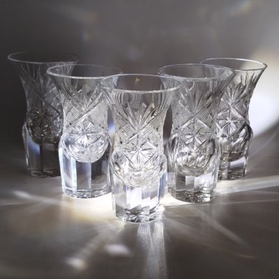 купить Набор из 5-ти стопок с массивными гранёными ножками с растительным декором, хрусталь, алмазная грань, СССР, 1970-1990 гг.