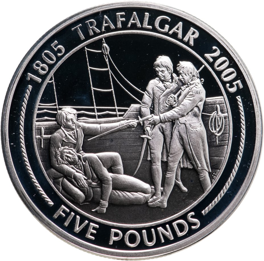 купить Гибралтар 5 фунтов (pounds) 2005 "200 лет Трафальгарской битве" ранение Нельсона у Санта-Крус-де-Тенерифе