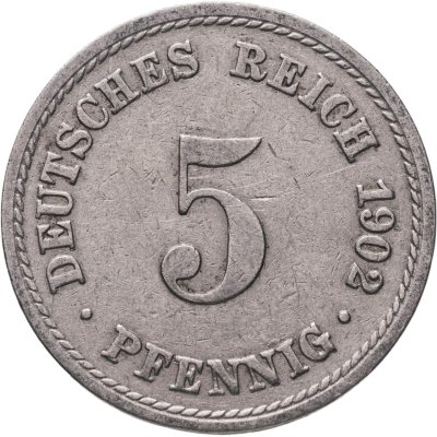 купить Германия 5 пфеннигов (pfennig) 1902, знак монетного двора: "A" - Берлин