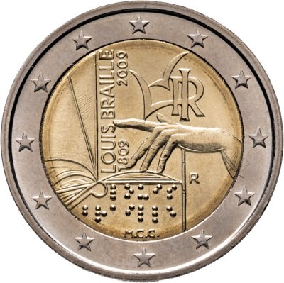 купить Италия 2 евро 2009 "200 лет со дня рождения Луи Брайля"