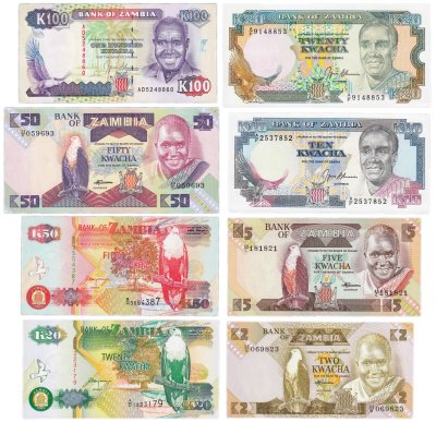 купить Замбия набор из 8 банкнот 2, 5, 10, 20, 50, 100 квача 1992-2000