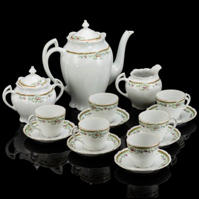 купить Сервиз чайный на 6 персон (15 предметов) в стиле ар-нуво, фарфор, деколь с подрисовкой, Западная Европа, 1900-1930 гг.