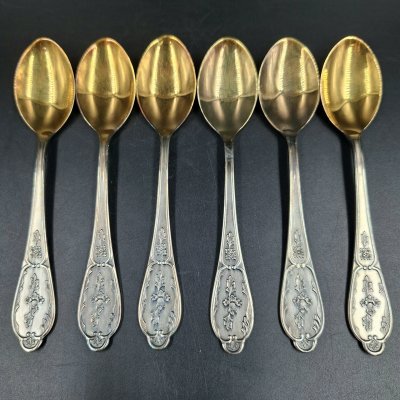 купить Набор из шести чайных ложек с растительным декором, мНЦ (медь-никель-цинк), золочение, Мстерская художественная фабрика «Ювелир», СССР, 1980 г.