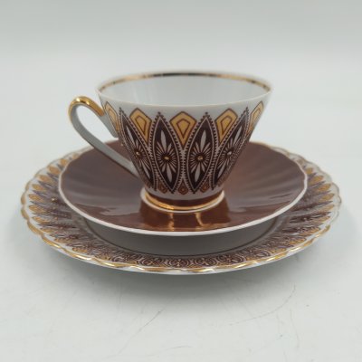 купить Трио кофейное "Вита" с орнаментальным декором, фарфор, деколь, золочение, Рижский фарфорово-фаянсовый завод, СССР, 1960-1980 гг.