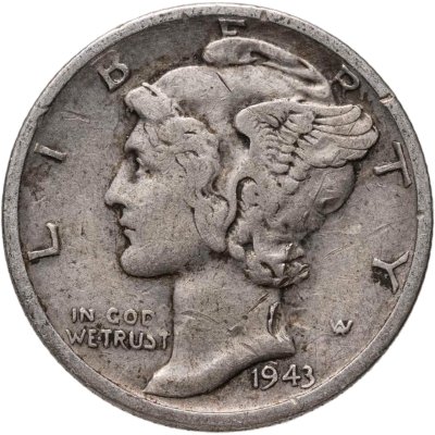 купить США 10 центов (дайм, one dime) 1943 S Mercury Dime (дайм «Меркурий») знак монетного двора "S" - Сан-Франциско