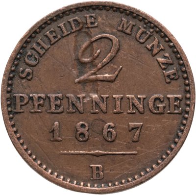 купить Германия, Пруссия 2 пфеннига 1867, знак монетного двора: "B" - Ганновер