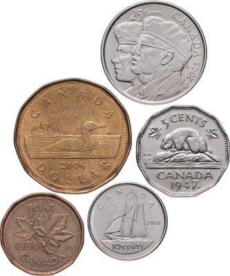 купить Канада набор из 5 монет 1, 5, 10, 25 центов (cents) и 1 доллар 1947-2006