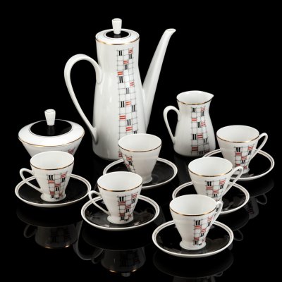 купить Сервиз кофейный c минималистичным геометрическим декором на 6 персон (15 предметов), фарфор, крытье, деколь, золочение, Freiberger Porzellan, ГДР, 1960-1990 гг.