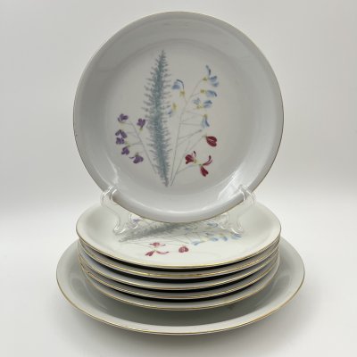 купить Набор десертных тарелок с блюдом на 6 персон, украшенный цветочным декором, фарфор, деколь, золочение, Kahla-Könitz, ГДР, 1964-1982 гг.