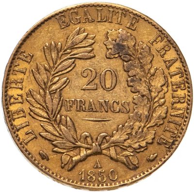 купить Франция 20 франков (francs) 1850 знак монетного двора: "A" - Париж