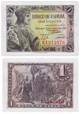 купить Испания 1 песета 1943 Pick 126 Фердинанд II Арагонский/Христофор Колумб ПРЕСС