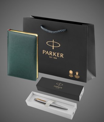 Купить Подарочный набор Parker: темно-зеленый ежедневник с золотыми страницами и шариковая ручка Jotter Essential, стержень синего цвета, 2026 г.