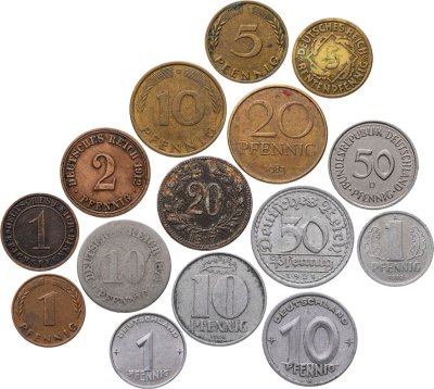 купить Германия набор из 15 монет 1, 2, 5, 10, 20, 50 пфеннигов (pfennig) 1874-1991