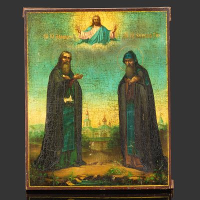 купить Икона "Свв. прпп. Макарий Унженский и Ефрем Сирин", дерево, масло, Российская империя, 1880-1910 гг.