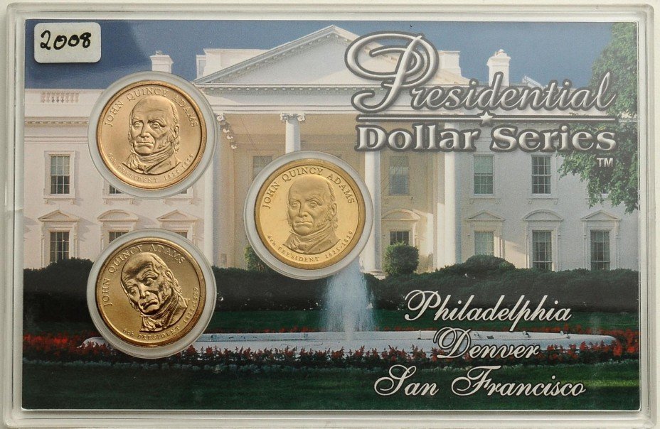 купить Набор из трех монет 1 доллар 2008 "Джон Адамс" P, D, S (6-ой президент США)