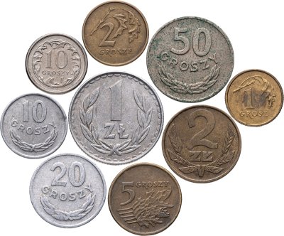 купить Польша набор из 9 монет 1, 2, 5, 10, 20, 50 грошей, 1, 2 злотых 1949-2005