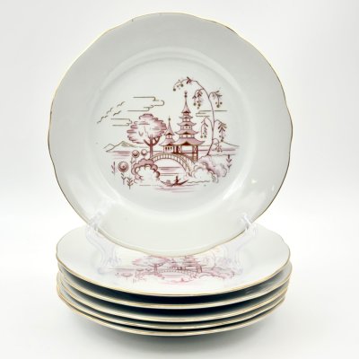 купить Набор из шести десертных тарелок в стиле шинуазри с декором в виде пагоды, фарфор, деколь, золочение, Könitz Porzellan, ГДР, 1954-1962 гг.