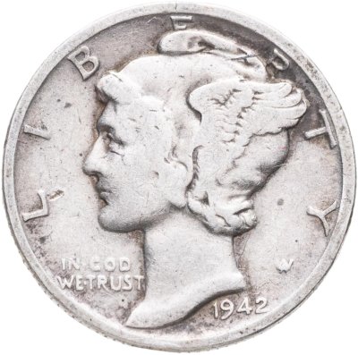 купить США 10 центов (дайм, one dime) 1942 S Mercury Dime (дайм «Меркурий») знак монетного двора "S" - Сан-Франциско