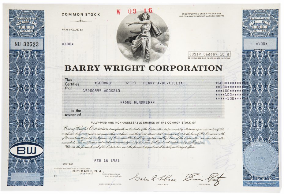 купить Акция США BARRY WRIGHT CORPORATION, 1981 г.
