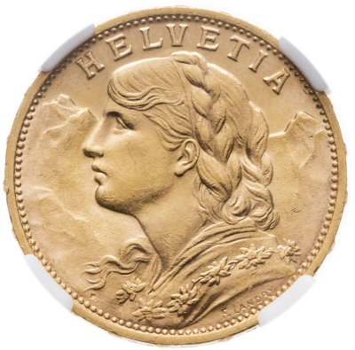 купить Швейцария 20 франков (francs) 1930 Helvetia в слабе ННР MS63