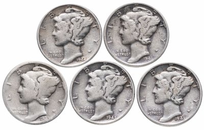 купить США набор из 5 монет 10 центов (дайм) 1935-1945