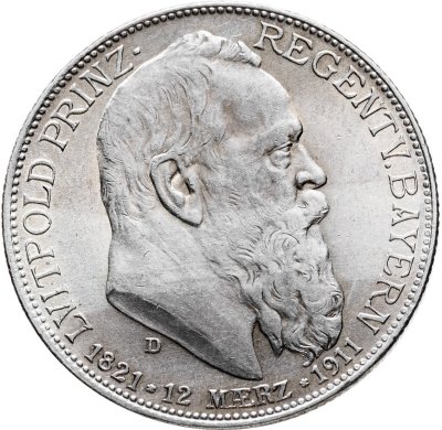 купить Германская Империя, Бавария 2 марки (mark) 1911 г. 90 лет со дня рождения Луитпольда Баварского