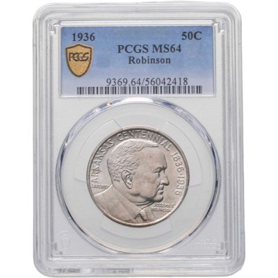 купить США 50 центов (1/2 доллара, half dollar) 1936 "100 лет штату Арканзас, Джозеф Тейлор Робинсон" в слабе PCGS MS64