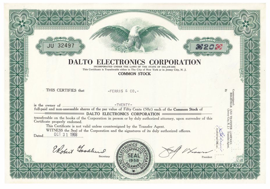 купить Акция США " DALTO ELECTRONICS CORPORATION" 1968-1969 гг.