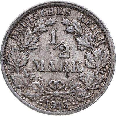 купить Германия 1/2 марки (mark) 1915 F знак монетного двора: "F" - Штутгарт