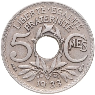 купить Франция 5 сантимов (centimes) 1933 Новый тип: Отверстие в центре