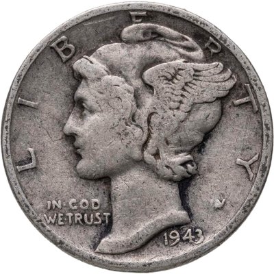 купить США 10 центов (дайм, one dime) 1943 Mercury Dime (дайм «Меркурий»), без обозначения монетного двора