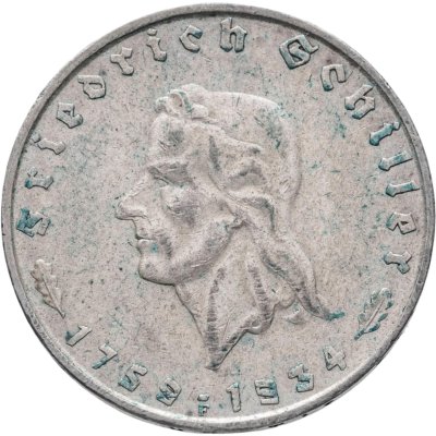 купить Германия 2 рейхсмарки (reichsmark) 1934 F 175 лет со дня рождения Фридриха Шиллера Третий рейх