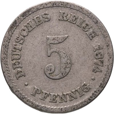 купить Германия 5 пфеннигов (pfennig) 1874 A знак монетного двора: "A" - Берлин
