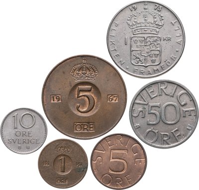купить Швеция набор из 6 монет 1, 5, 10, 50 эре (ore) , 1 крона 1959-1979