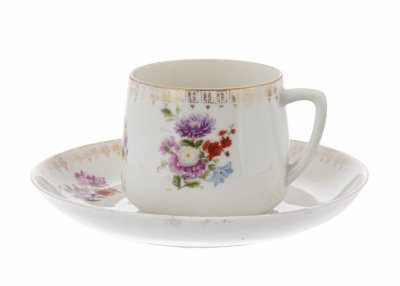 купить Чайная пара (чашка и блюдце) с цветочным декором, фарфор, деколь, золочение, Дмитровский фарфоровый завод, с. Вербилки, СССР, 1917-1940 гг.