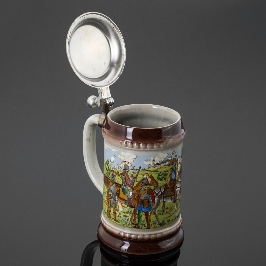 Кружка пивная с крышкой, керамика, олово, деколь, Западная Европа, 1970 ...