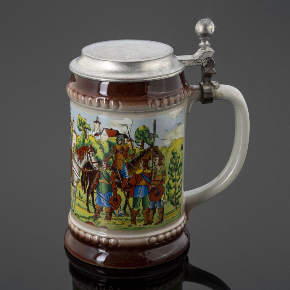 Кружка пивная с крышкой, керамика, олово, деколь, Западная Европа, 1970 ...