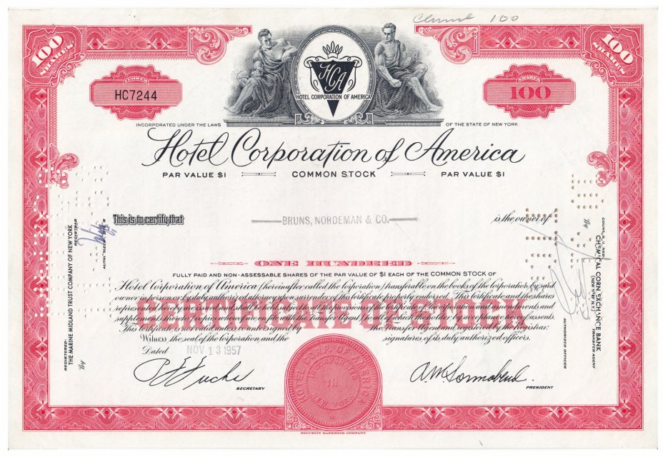 купить Акция США Hotel Corporation of America 1957 г.