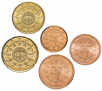 купить Португалия набор из 5-ти монет 1, 2, 5, 10 и 20 евро центов 2009-2016