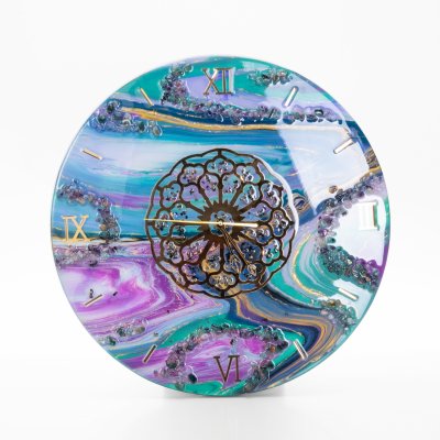 Купить Часы настенные "Восточные мотивы", авторская ручная работа в технике Resin Art, Глянцевое 3D покрытие, натуральный камень, металл, Россия, 2021 г.