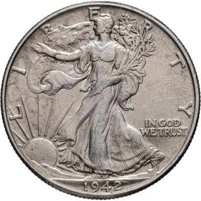 купить США 50 центов (1/2 доллара, half dollar) 1942 Walking Liberty Half Dollar, без отметки монетного двора