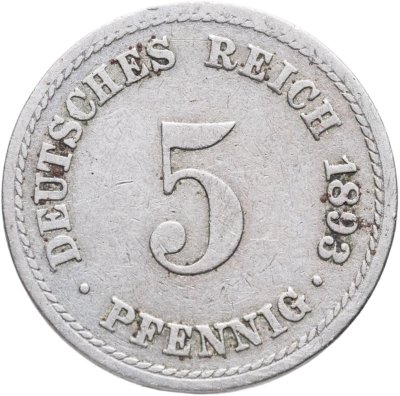 купить Германия 5 пфеннигов (pfennig) 1893 A знак монетного двора: "A" - Берлин
