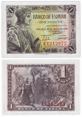 купить Испания 1 песета 1943 Pick 126 Фердинанд II Арагонский/Христофор Колумб ПРЕСС