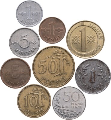купить Финляндия набор из 9 монет 1, 5, 10, 50 пенни и 1, 5 марок 1949-1996