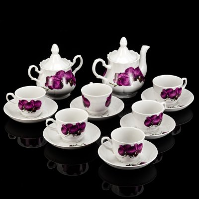 купить Сервиз чайный "Роскошная орхидея", форма "Романс", на 6 персон (14 предметов), фарфор, печать, Добрушский фарфоровый завод, Беларусь, 2000-2020 гг.