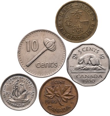 купить Фиджи, Канада, Восточные Карибы, Гонконг набор из 5 монет 1959-1982